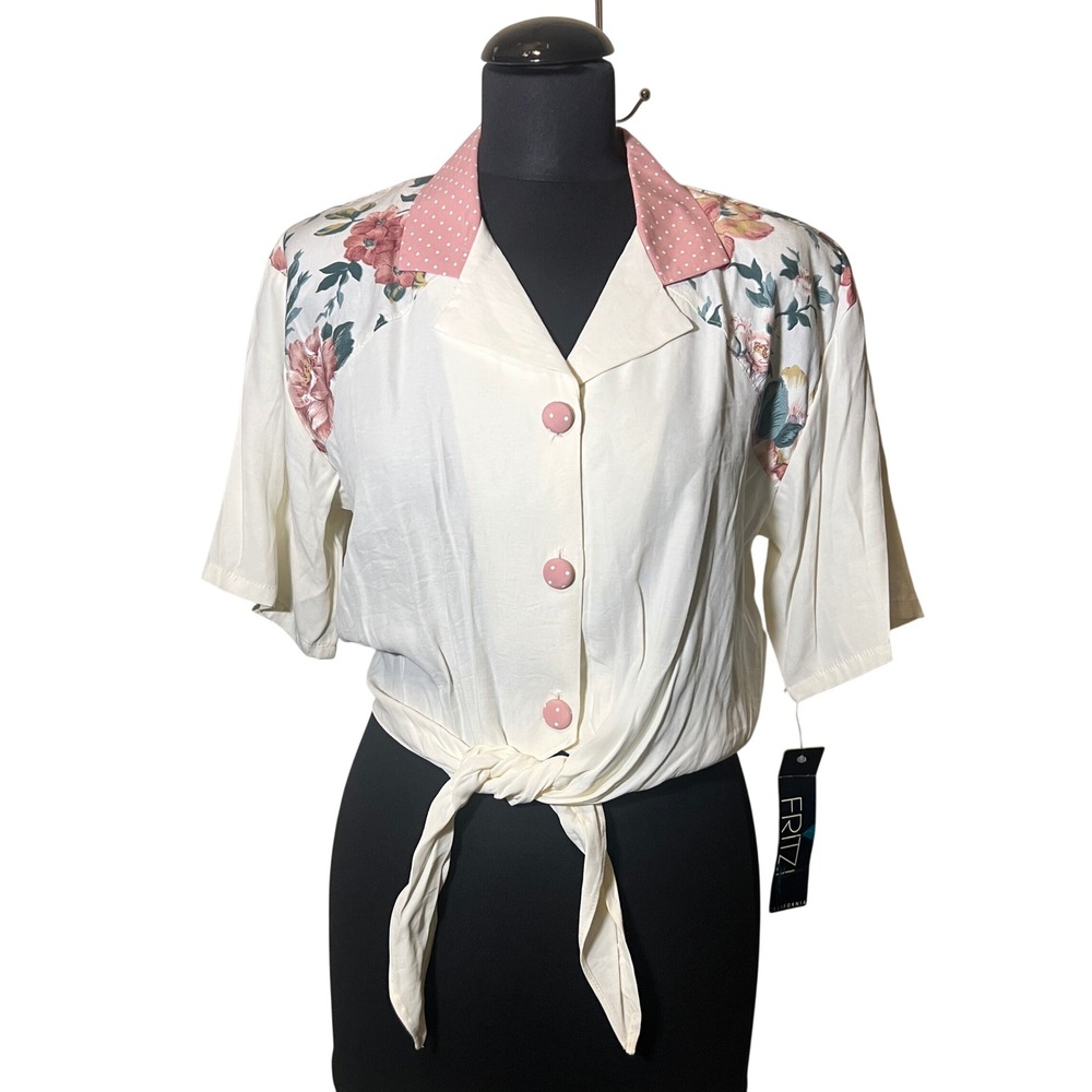 Vintage Fritzi Petites Floral Polka Dot Tie Front Blouse White Pink PM 9136-ZG3P